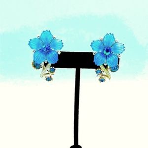 Selro Vintage Mid Century Blue Lucite Flower And AB Rhinestone Clip On Earrings